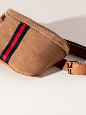 Women's Tan Suede Belt Bag with Navy & Red Stripe